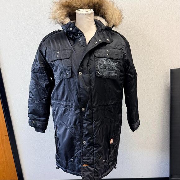 Timberland Jacket Men Black Hooded Insulated Warm Parka Coat Faux Fur Size Med - Picture 1 of 16